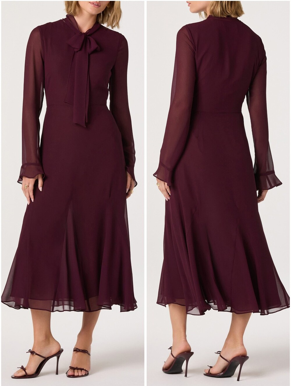 ASTR The Label Tie Neck Long Sleeve Dress Medium Raisin NWOT